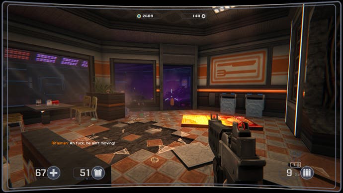 A screenshot of Selaco, showing the player fighting enemies in a Burger restaurant.