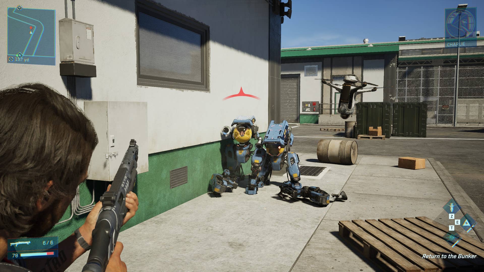 A screenshot of MindsEye, showing copbots clustering against a wall as the player fights them.