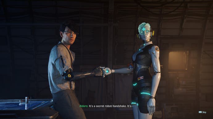 A cutscene from Exoprimal, showing a nerdy side character and a robot pal shaking hands.