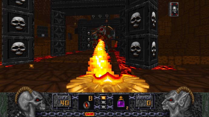 A screenshot of Heretic: Faith Renewed, showing the player killing a serpent warrior with the Phoenix Rod's flame-spewing alternate fire.