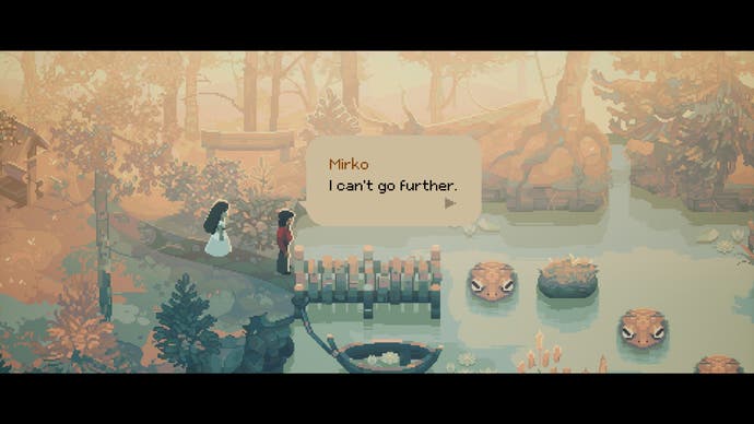 Indika screenshot showing 16-bit style flashback scene as characters approach a pond with giant snake or turtle heads peeking out