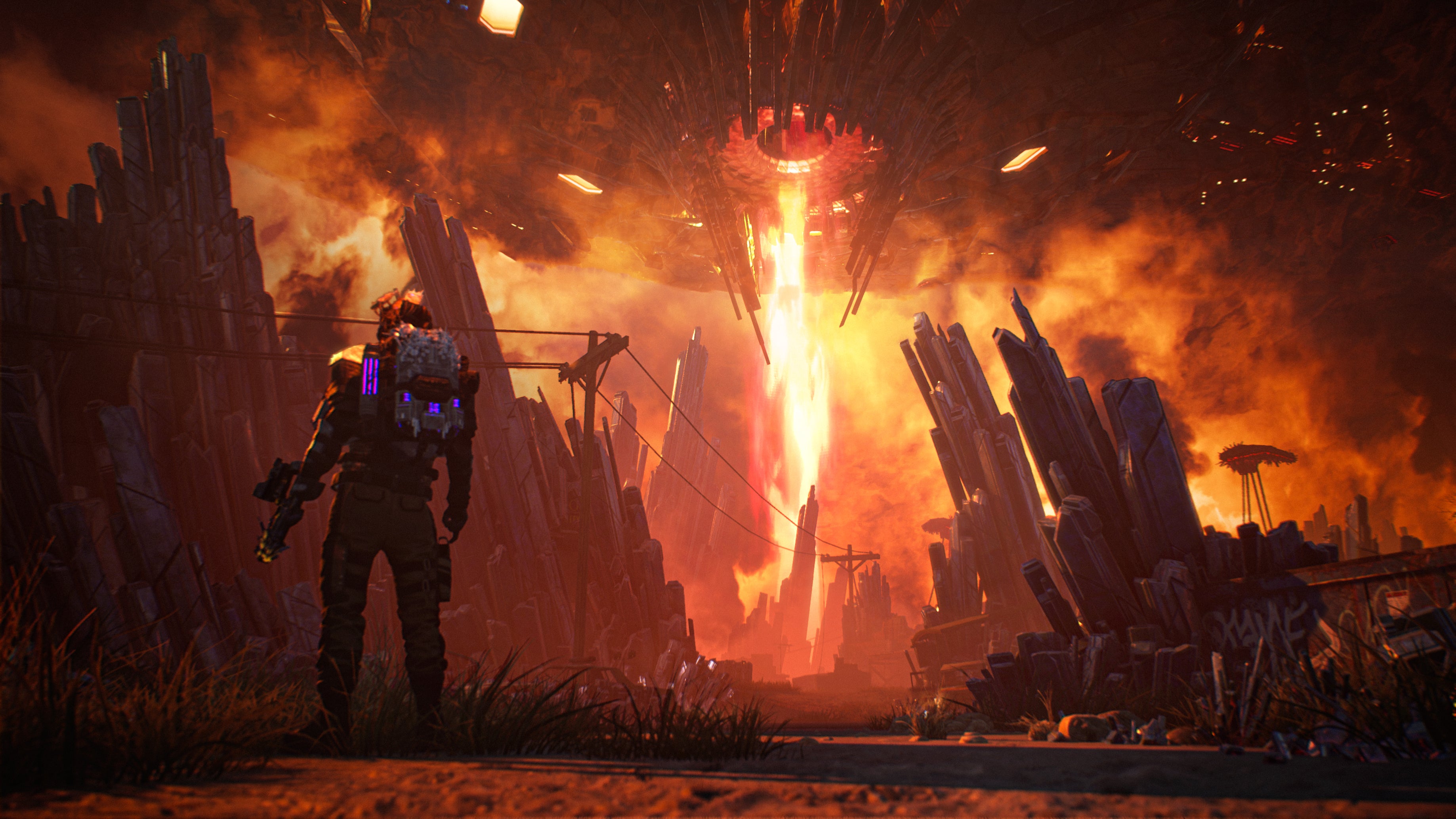 PUBG Battlegrounds' Xeno Point official screenshot showing a character looking out towards distant alien attack from the sky