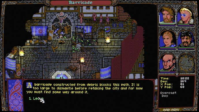 A Screenshot of Skald: Against the Black Priory: showing the player exploring the devastated courtyard of Horryn.