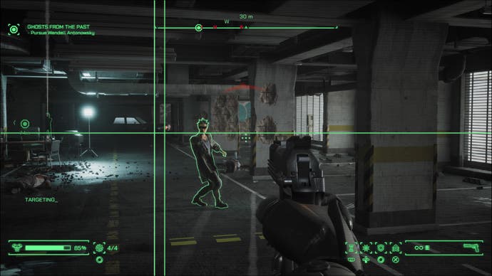 A screenshot of RoboCop: Rogue City, showing the green lines of RoboCop’s targeting system locking onto a criminal.