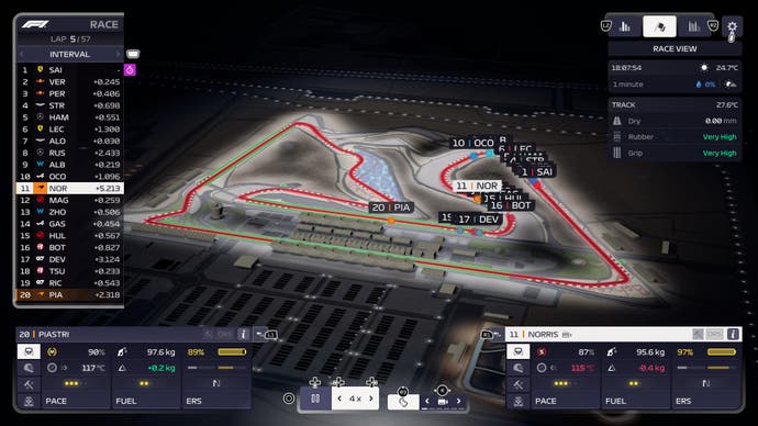 F1 Manager 2023 review screenshot, Bahrain International Circuit map showing driver positions and live timings.