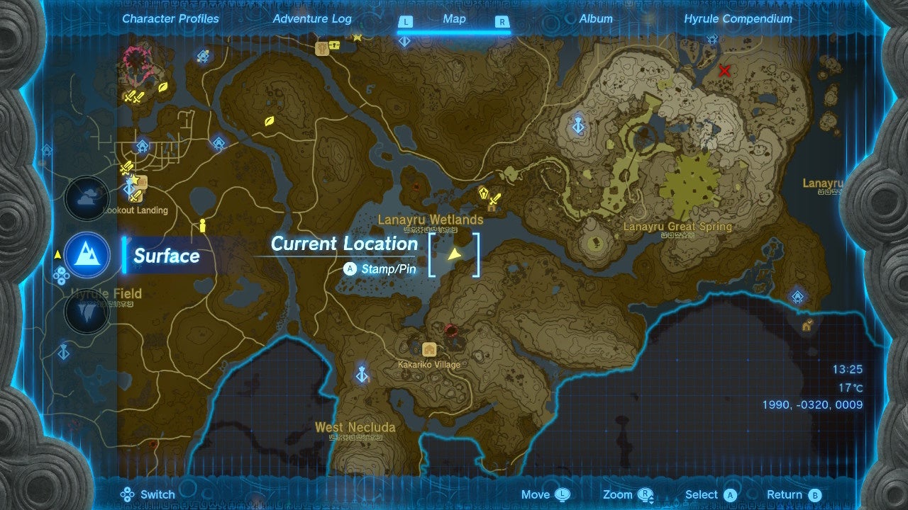Map showing the location of the Lynel in Rabia Plain in The Legend of Zelda: Tears of the Kingdom.
