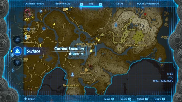 Map showing the location of the Lynel in Rabia Plain in The Legend of Zelda: Tears of the Kingdom.