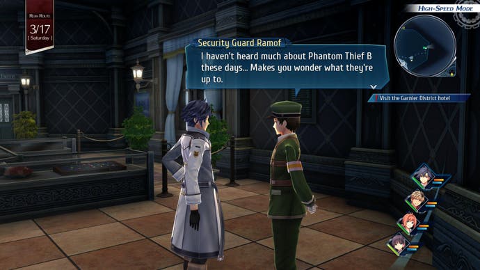 The Legend of Heroes: Trails into Reverie review screenshot, Rean Schwarzer in a jewelers store listening to a security guard talk.