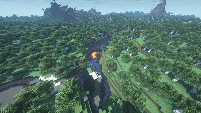 Ein Birkenwald in Minecraft, mit einer gebogenen Schlucht im Vordergrund, die in den Untergrund führt.