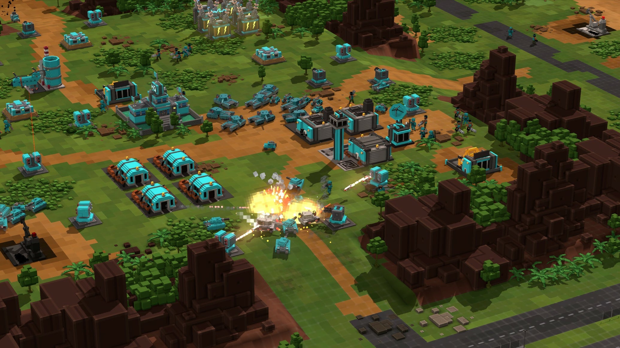 An overhead view of a voxel army base where tanks are being fired on by turrets in 9-Bit Armies - 1