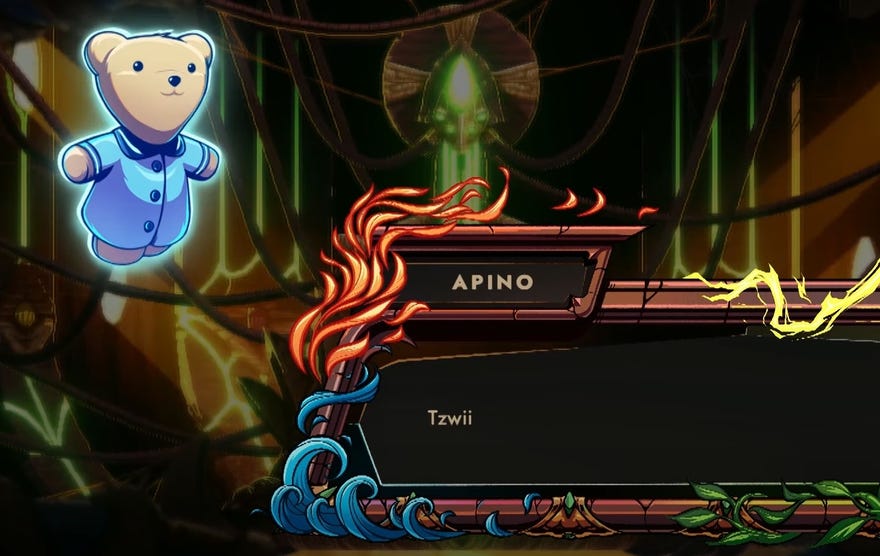 A screenshot of 9 Years Of Shadows showing Apino, a magical teddy bear, floating and saying in a dialogue box, “Tzwii."