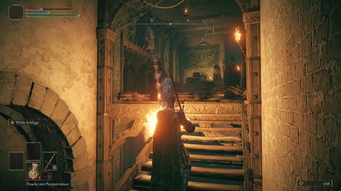 A knight ascends a wooden staircase inside Stormveil Castle in Elden Ring