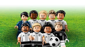 A squad of Lego minifigures dressed in football kits face the camera for a team photo - this is artwork for a Lego World Cup toy set.