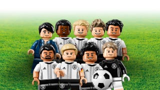 A squad of Lego minifigures dressed in football kits face the camera for a team photo - this is artwork for a Lego World Cup toy set.