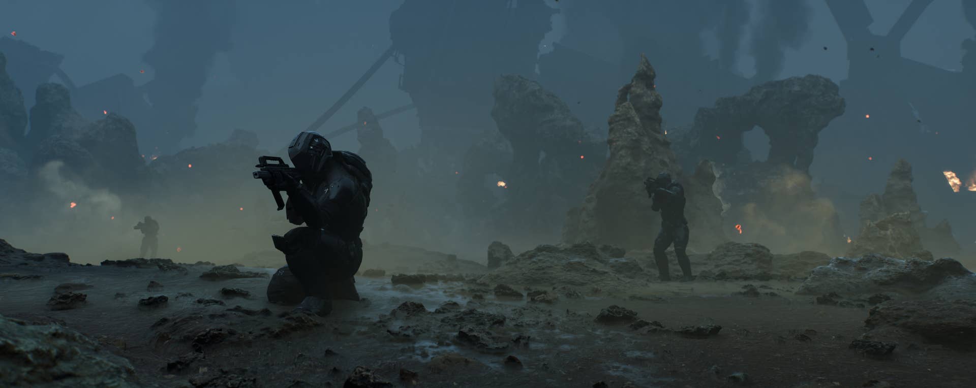 A soldier kneels to take a shot in a sulfur-ridden area in Eve Vanguard