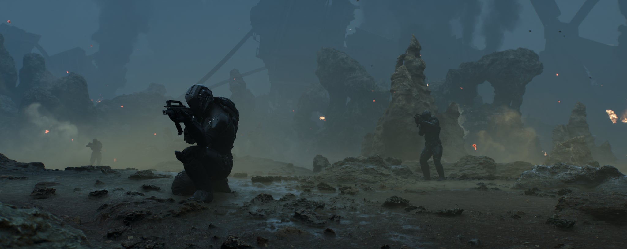 A soldier kneels to take a shot in a sulfur-ridden area in Eve Vanguard - 3