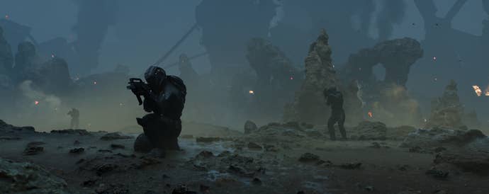 A soldier kneels to take a blow to a sulfur raised area in Vanguard e