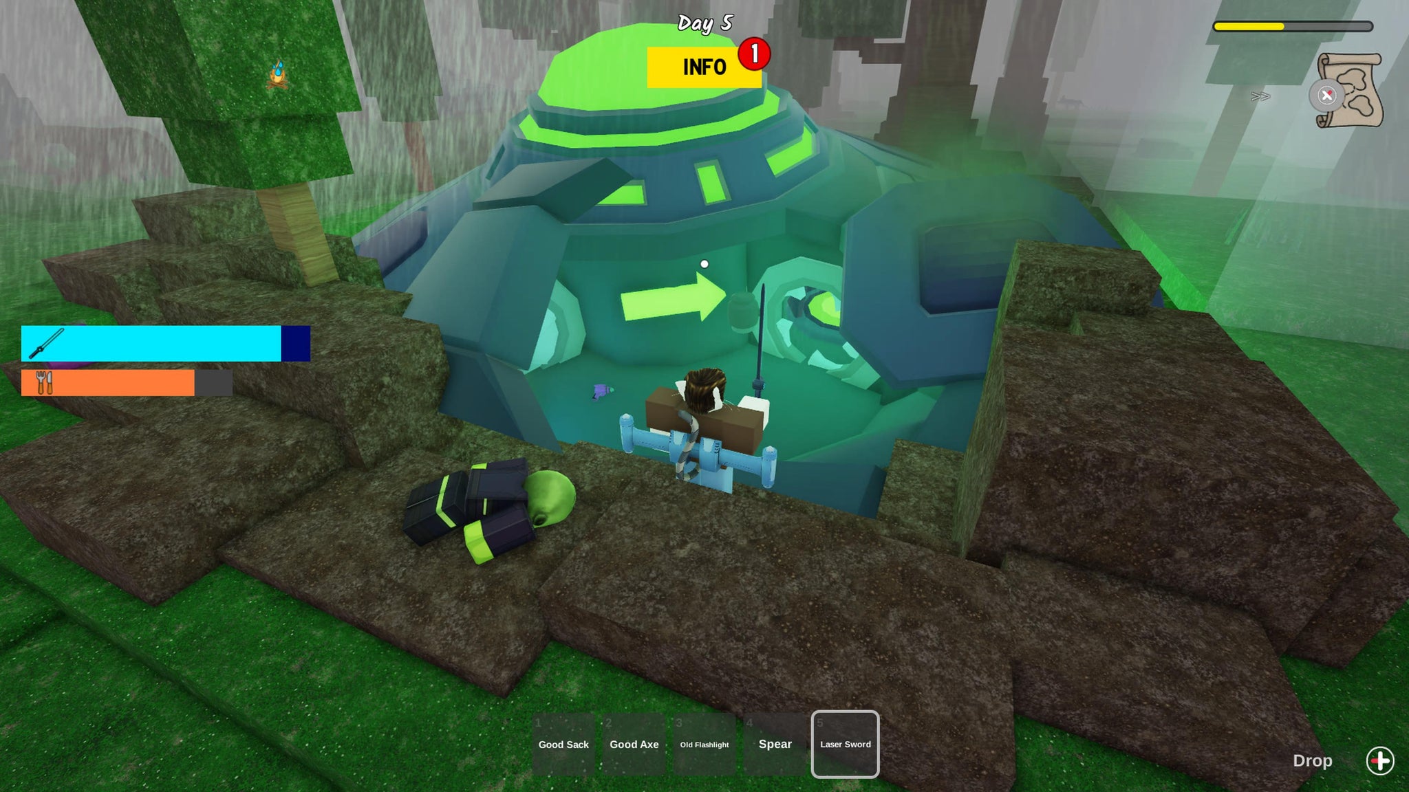 A character walking towards the teleporter door to the Alien Mothership in 99 Nights in the Forest. - 5