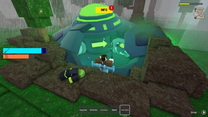 A character walking towards the door of teleporters for Mothership Foreign in 99 nights in the forest.