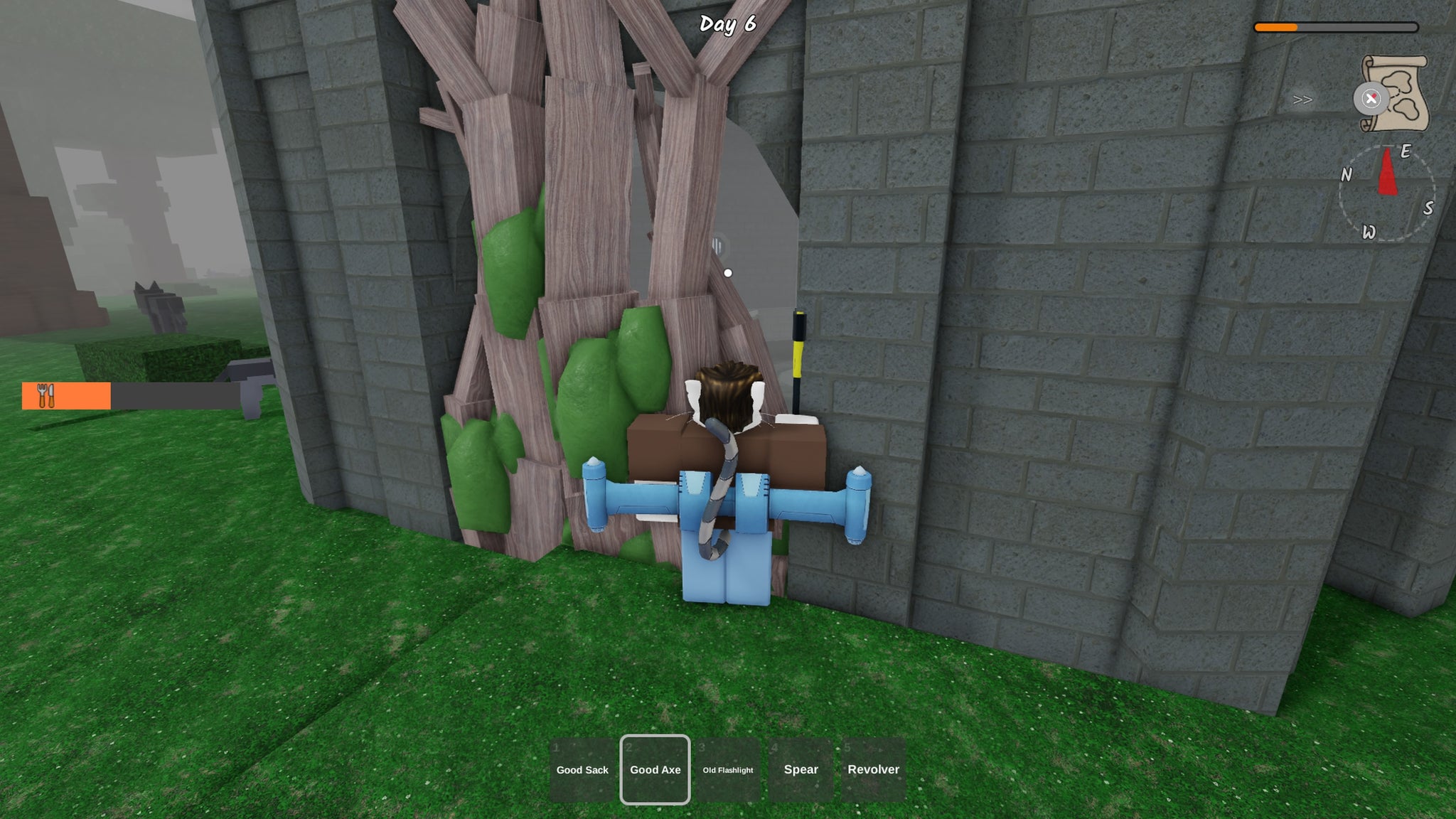 A ranger chopping down the blocked entrance to the Anvil tower in 99 Nights in the Forest. - 5