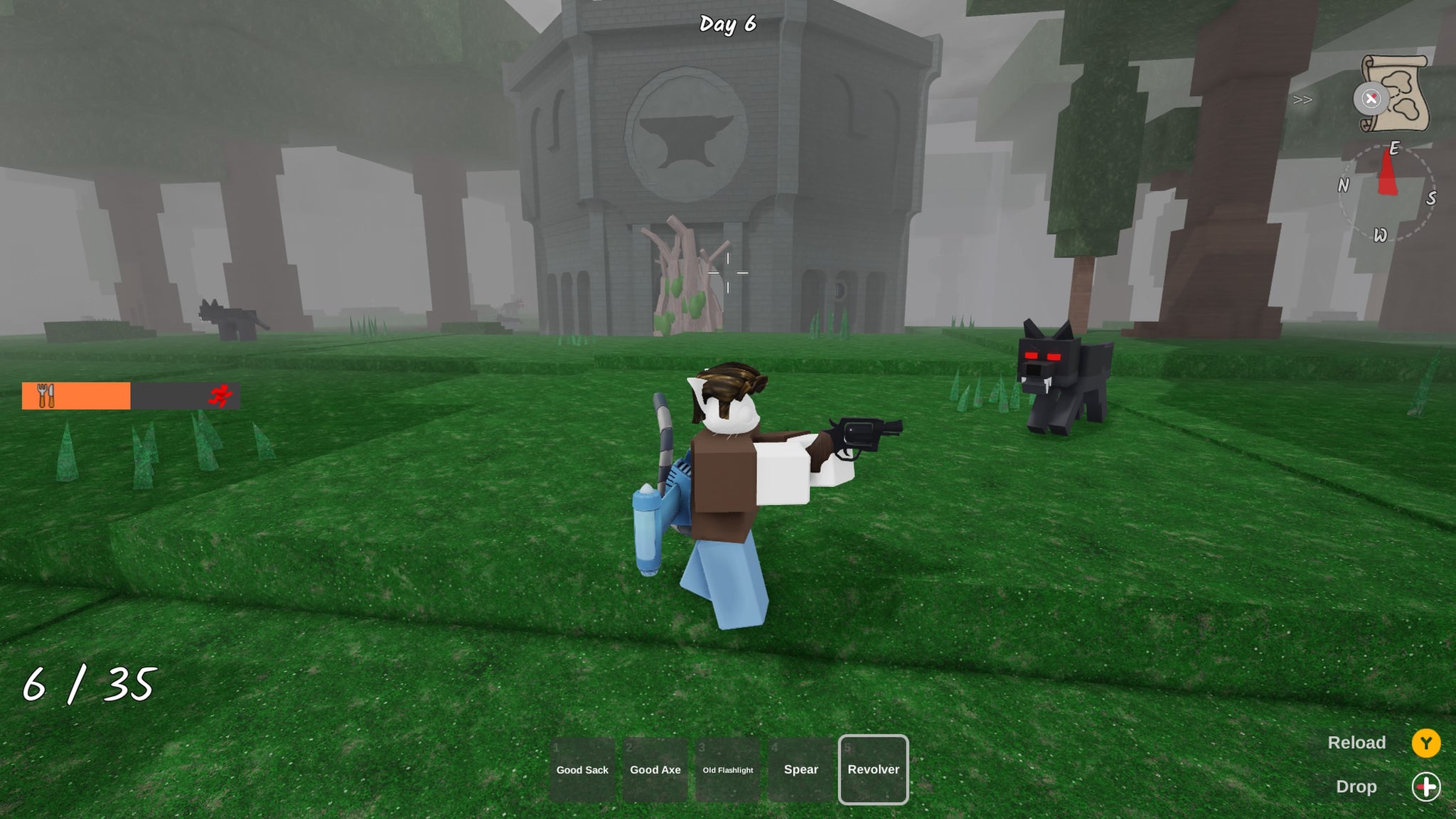 A ranger standing in front of the Anvil Tower in 99 Nights in the Forest. - 4