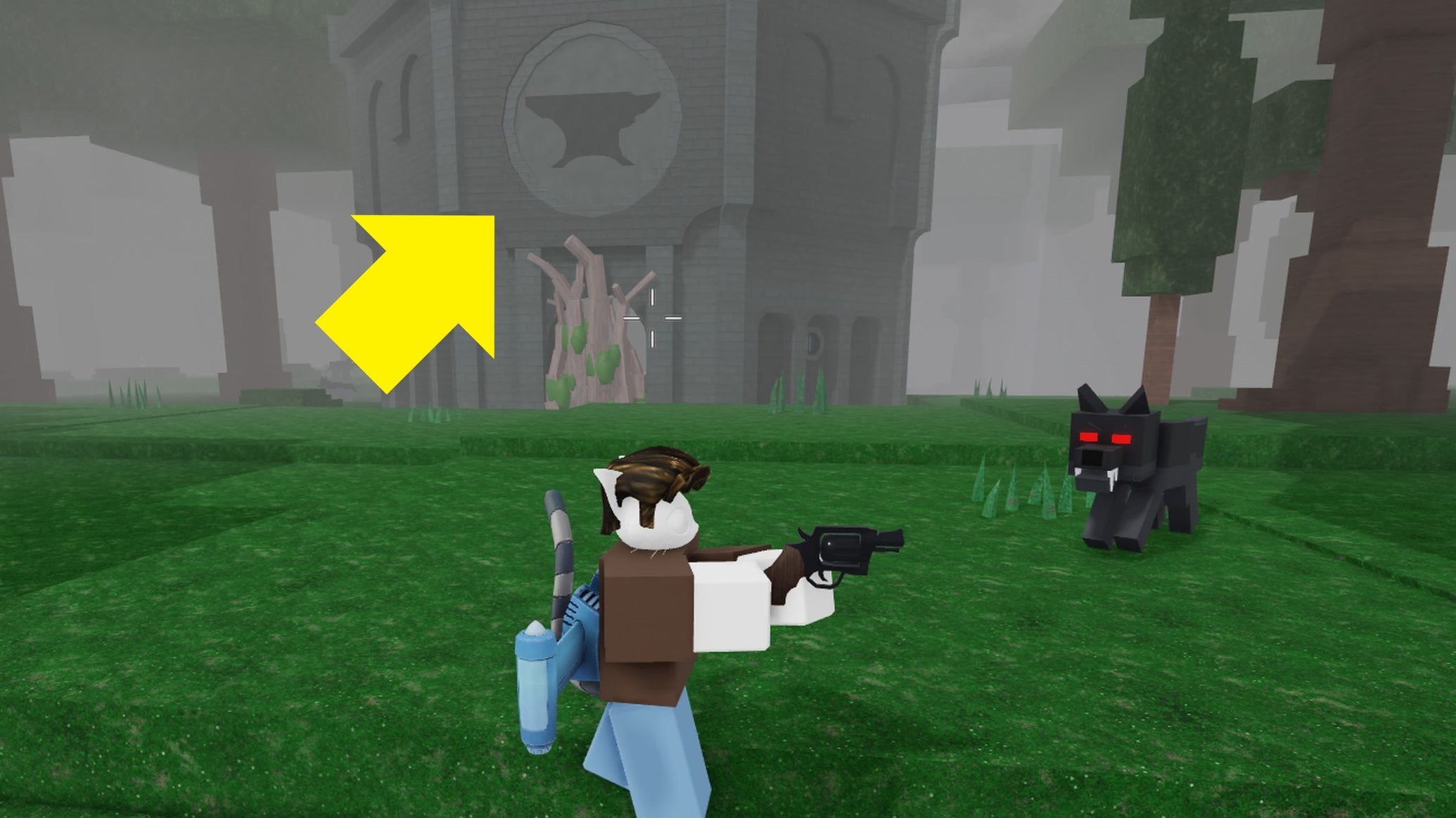 A ranger standing in front of the Anvil in 99 Nights in the Forest while fighting off an alpha wolf. - 1