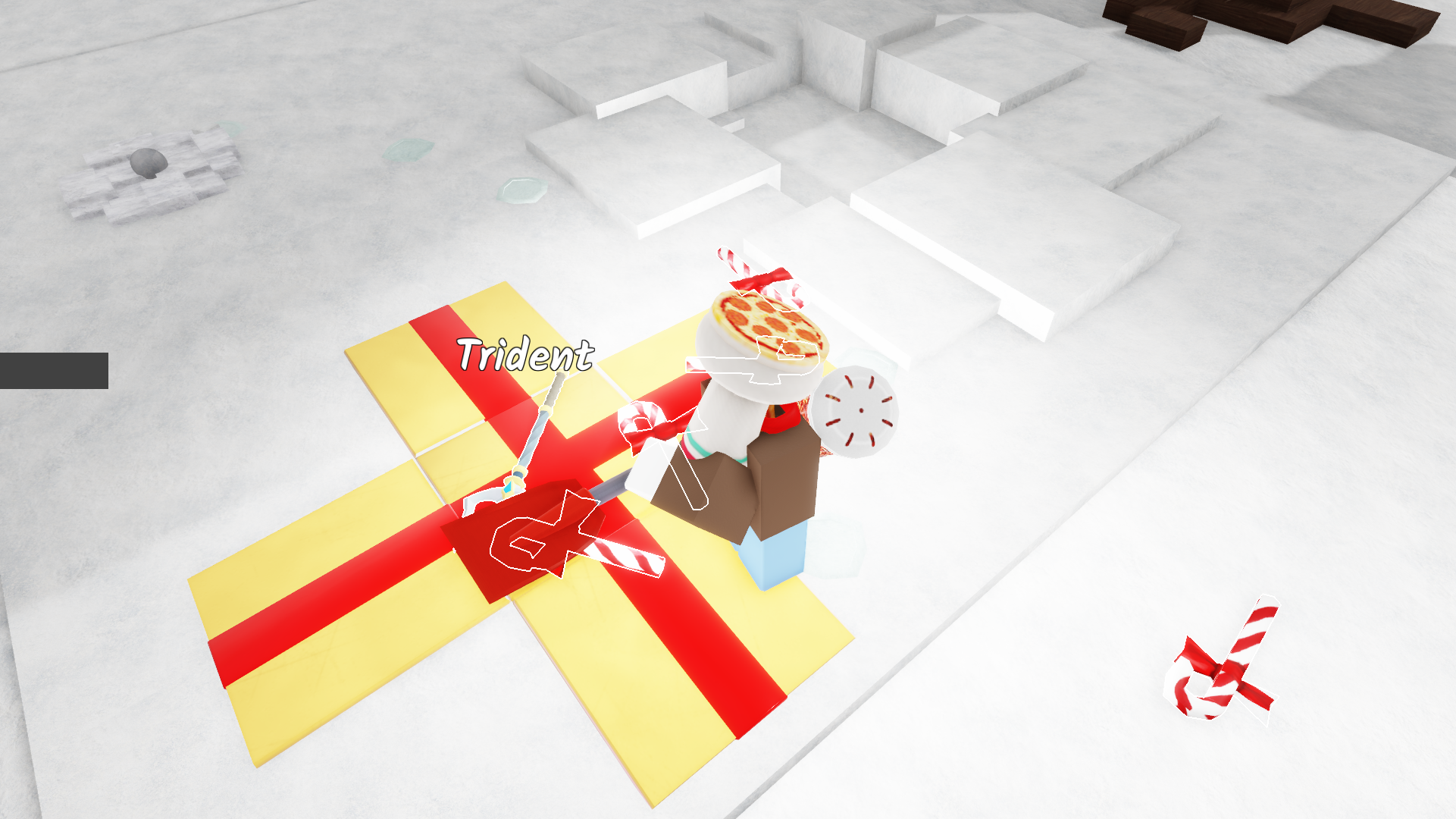 A character opening a present filled with Candy Canes and a Trident in 99 Nights in the Forest. - 3