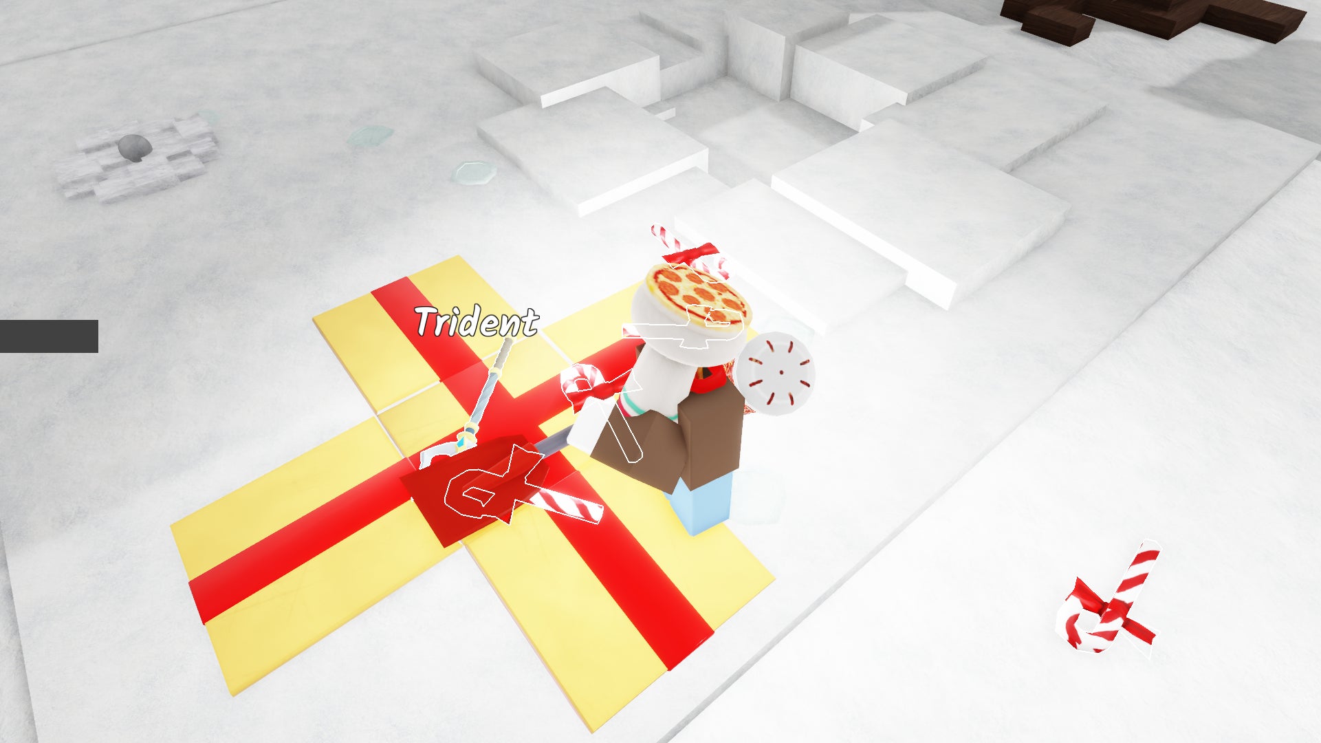 A character opening a present filled with Candy Canes and a Trident in 99 Nights in the Forest. - 3