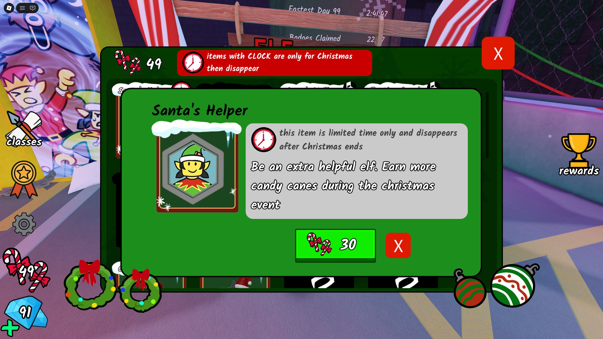 The Elf Shop menu showing the Santa's Helper listing in 99 Nights in the Forest. - 4