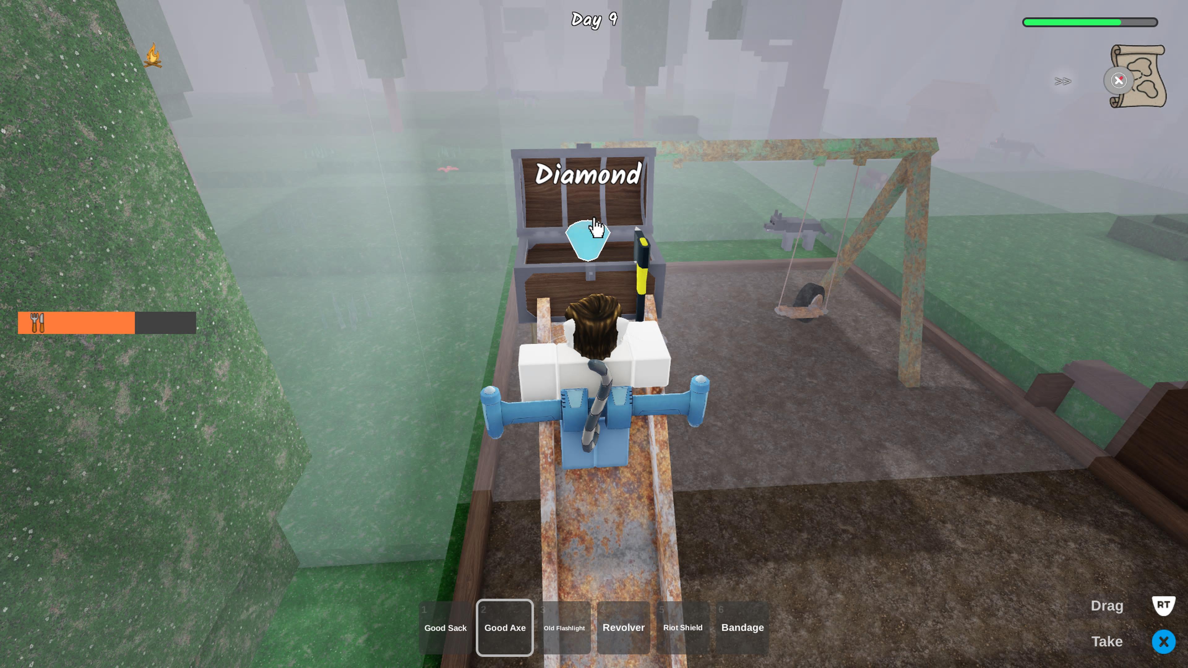 A ranger finding a Diamond inside a chest in 99 Nights in the Forest. - 4