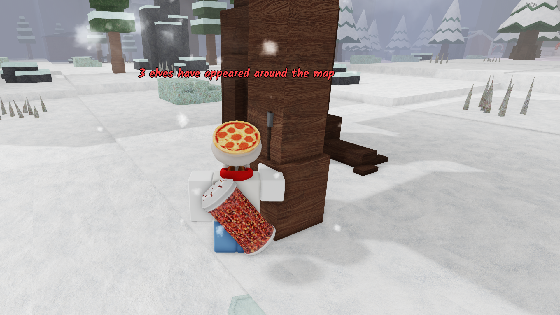 A character receiving a message that Elves have appeared around the map in 99 Nights in the Forest. - 3