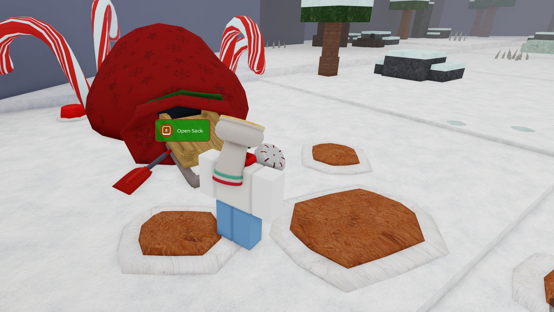 A character standing next to the present sack where ice skates, sleds, ladders and shovels are bought in 99 Nights in the Forest. - 4