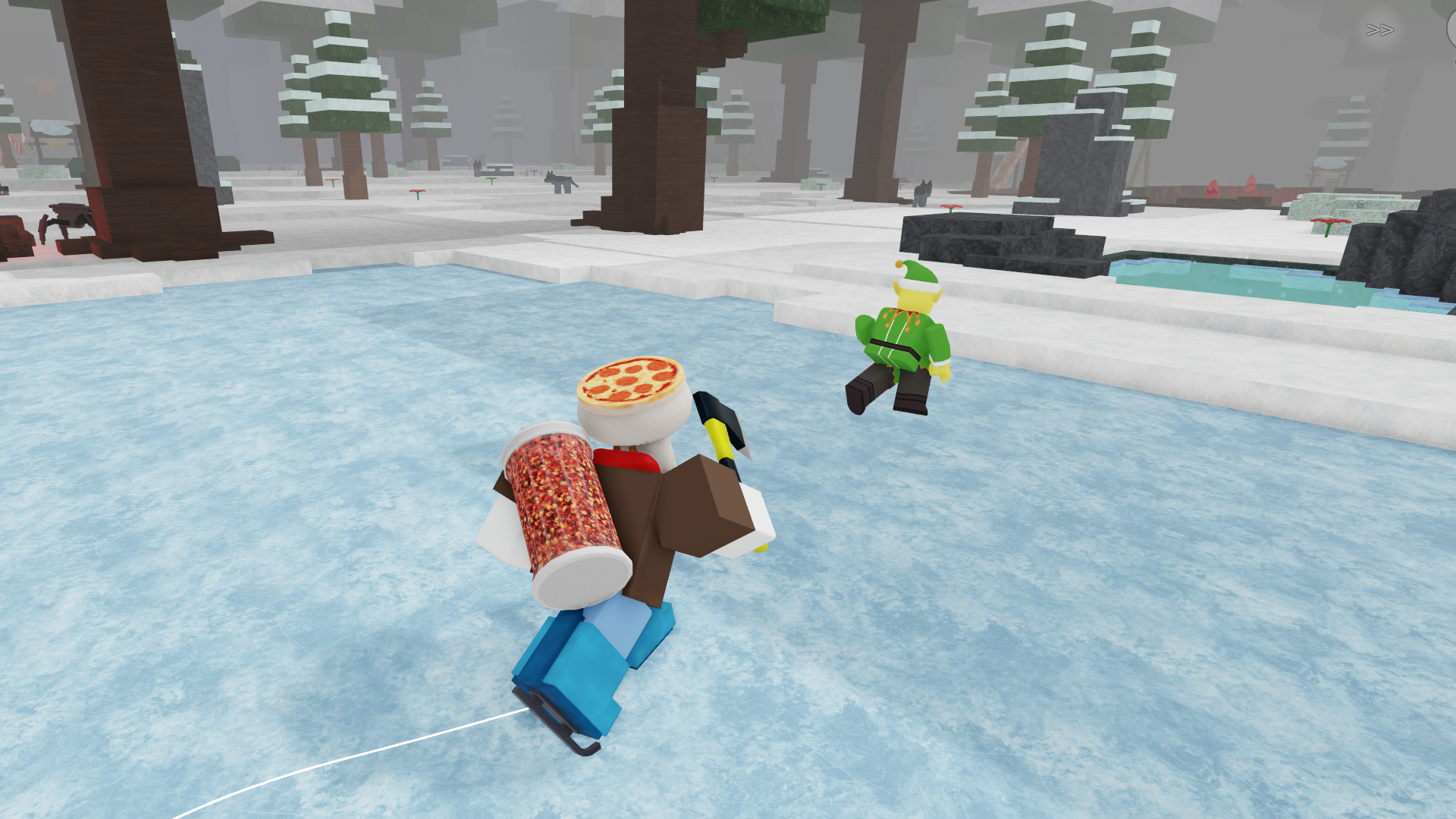 A character ice skating next to support an Elf in 99 Nights in the Forest.