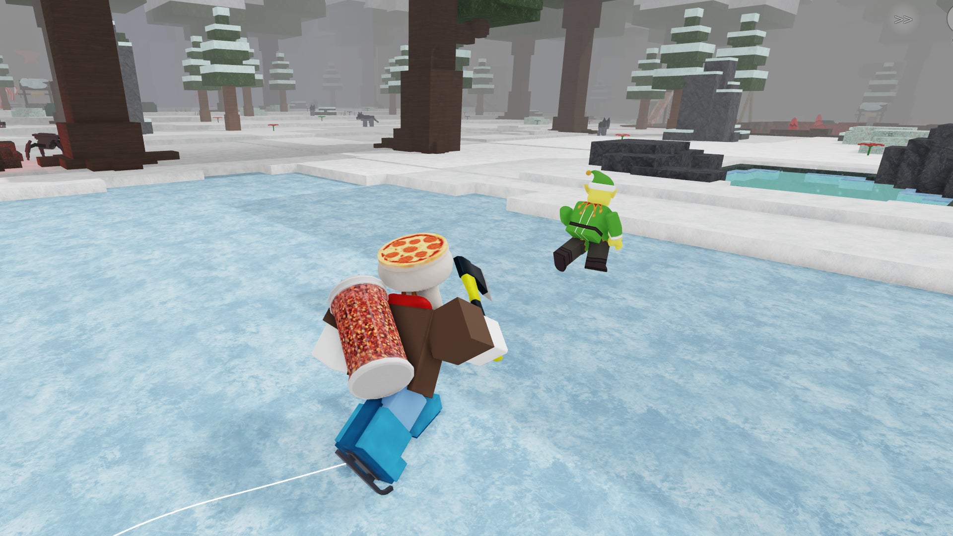 A character ice skating next to support an Elf in 99 Nights in the Forest. - 1