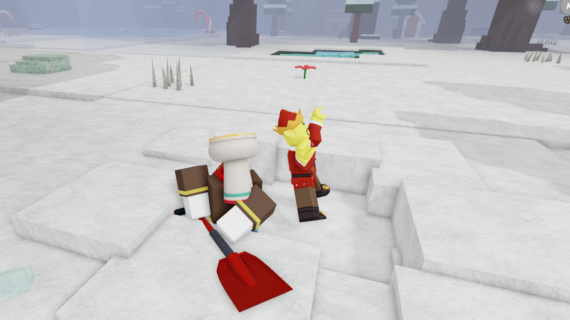 A character digging an Elf out of the snow in 99 Nights in the Forest. - 6