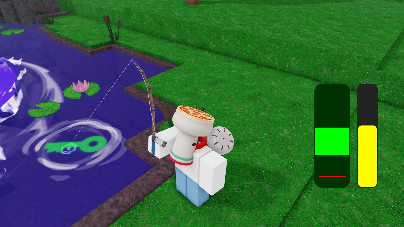 A character fishing a Frog Key out of a pond in 99 Nights in the Forest. - 3