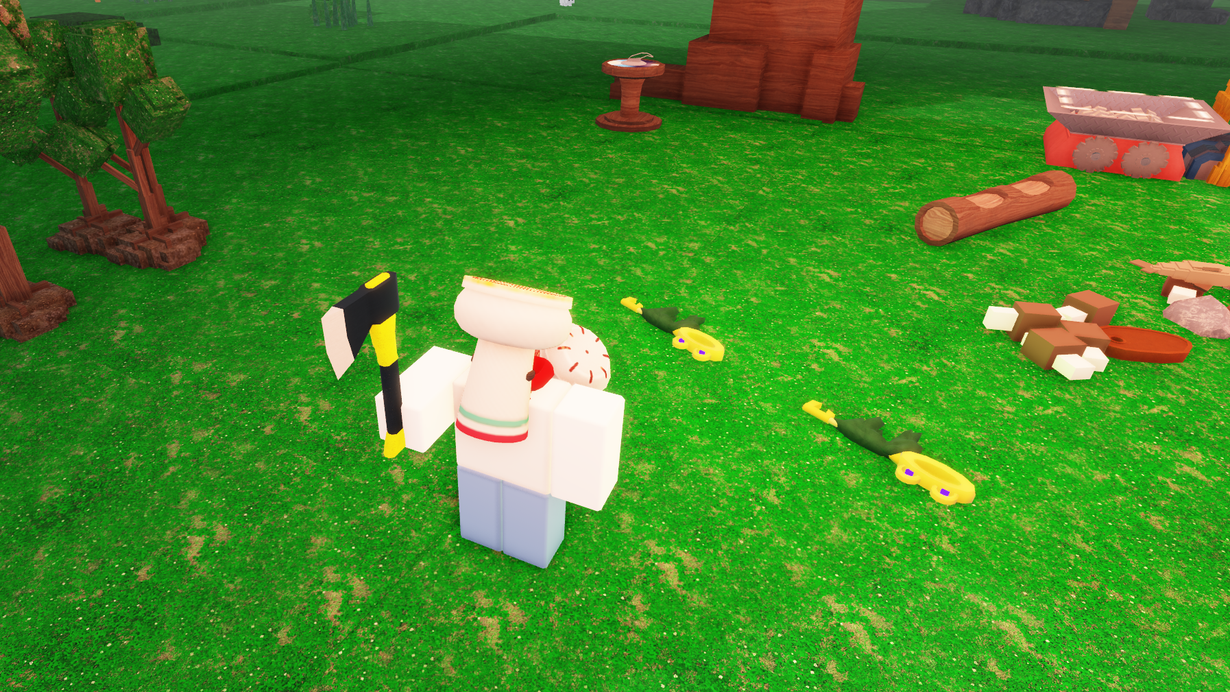 A character standing next to two Frog Keys in 99 Nights in the Forest. - 1