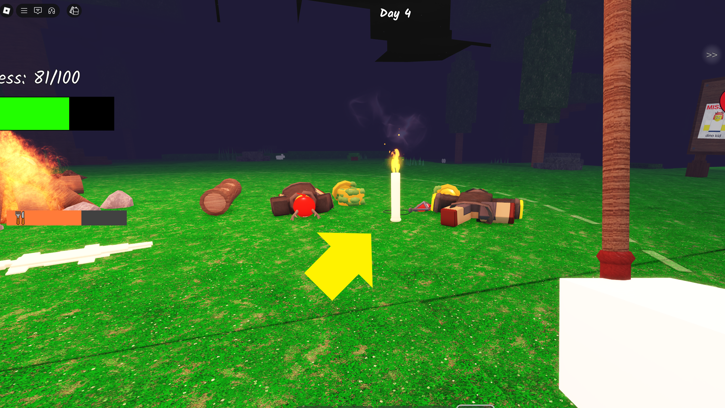 A yellow arrow pointing at a Halloween Candle next to some Cultists in 99 Nights in the Forest. - 4