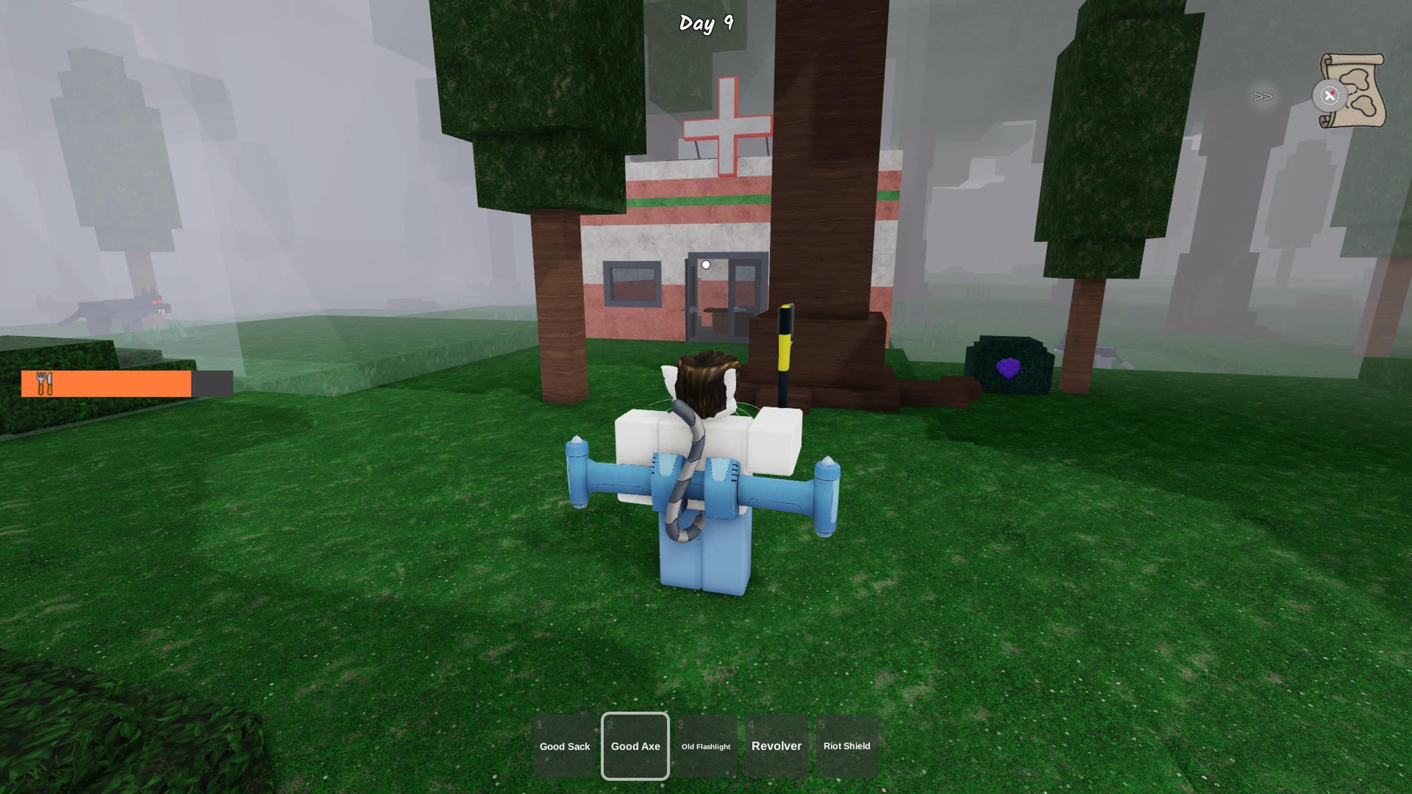 A ranger standing outside a hospital in 99 Nights in the Forest. - 4