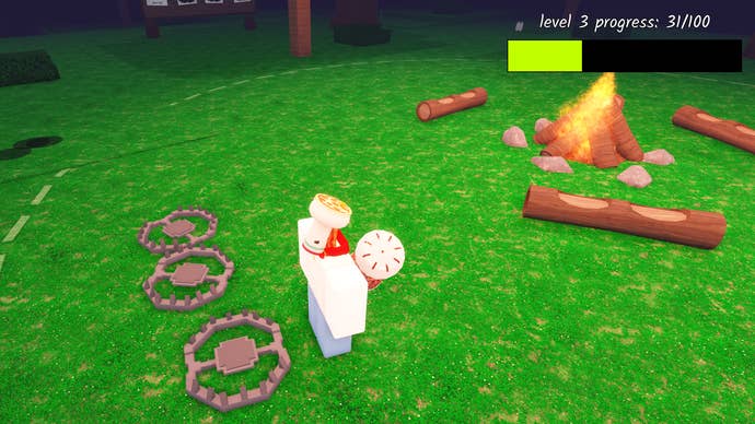 A player standing next to three Bear Traps in 99 Nights in the Woods.