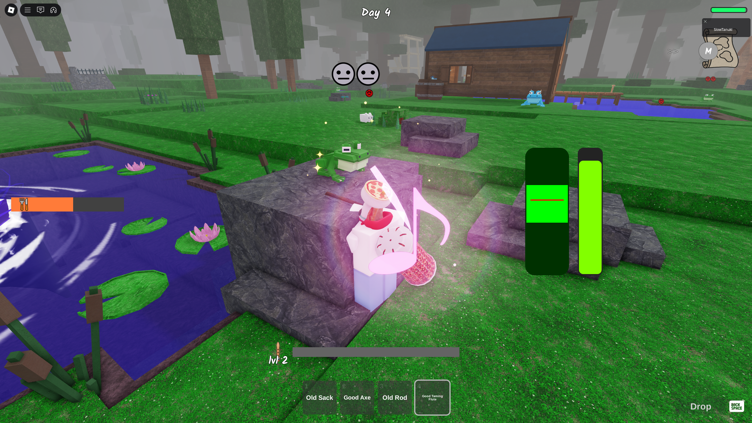 A character playing a Taming Flute to tame a frog in 99 Nights in the Forest. - 4