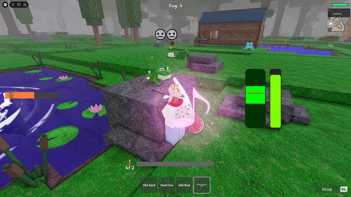 A figure playing a taming flute to tame the frog in 99 nights in the forest.