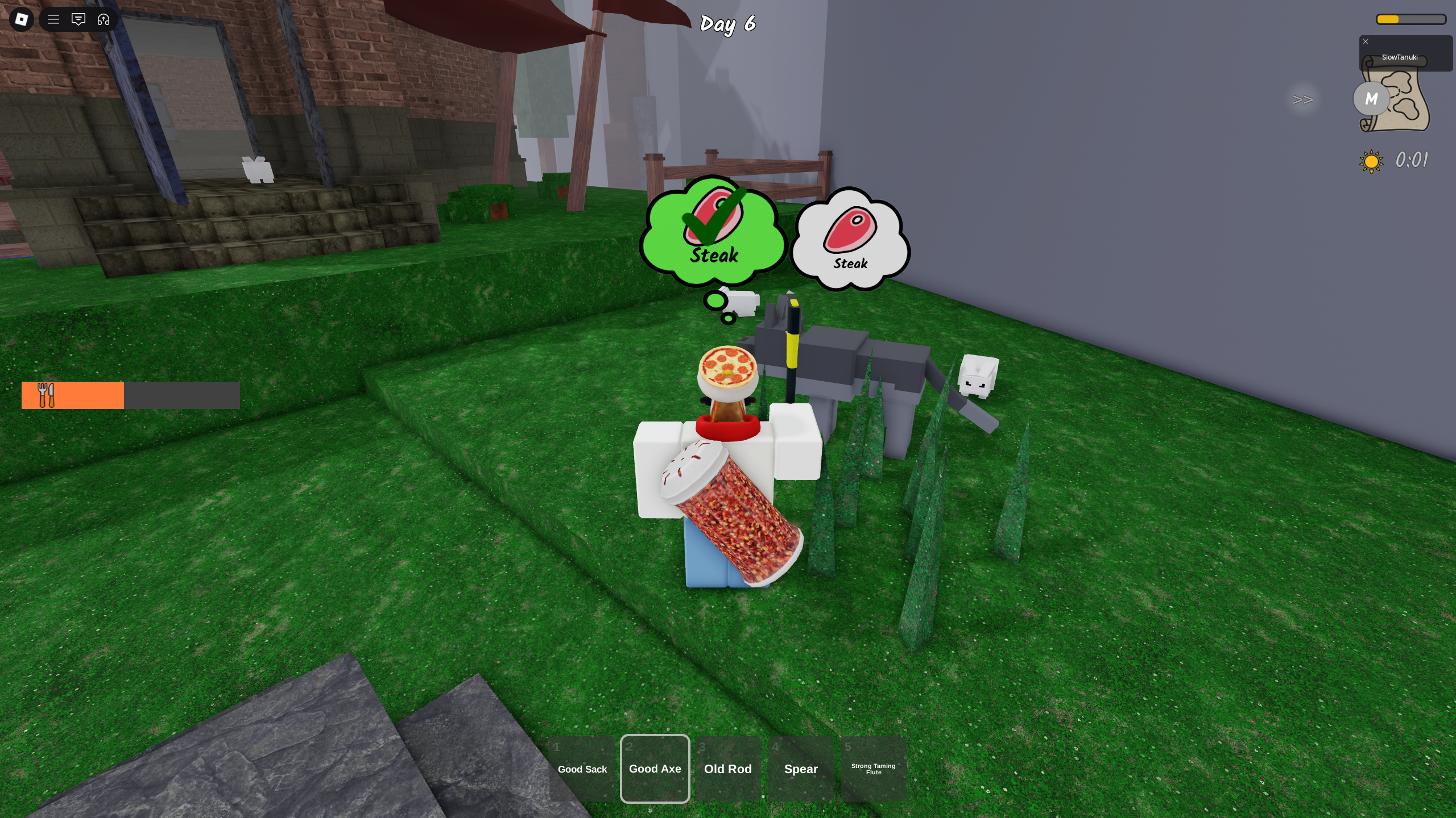 A character taming a wolf by feeding them steak in 99 Nights in the Forest. - 3