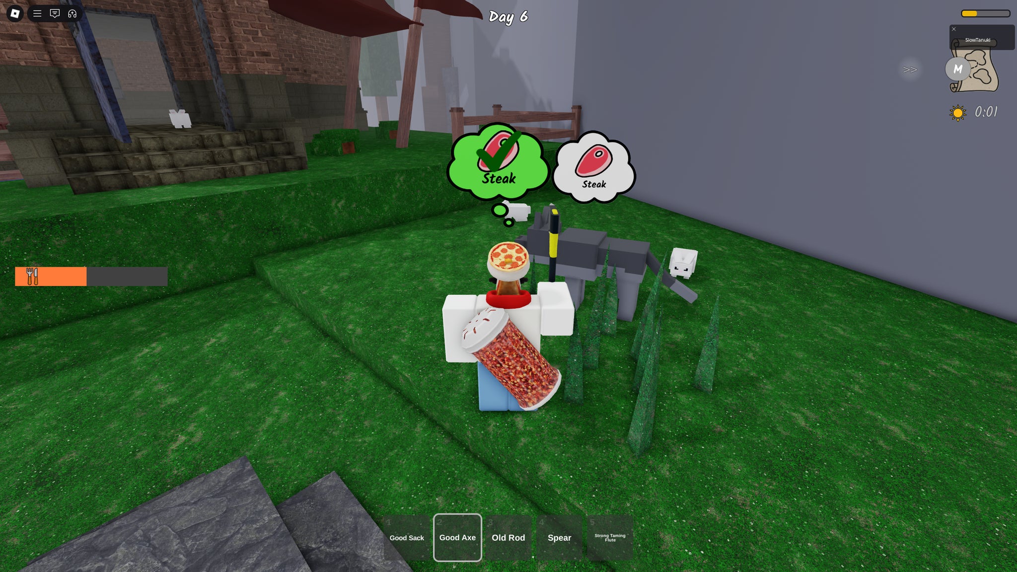 A character taming a wolf by feeding them steak in 99 Nights in the Forest. - 3