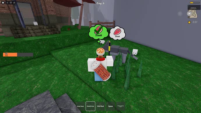 A figure of a taming wolf, feeding them with steak in 99 nights in the forest.