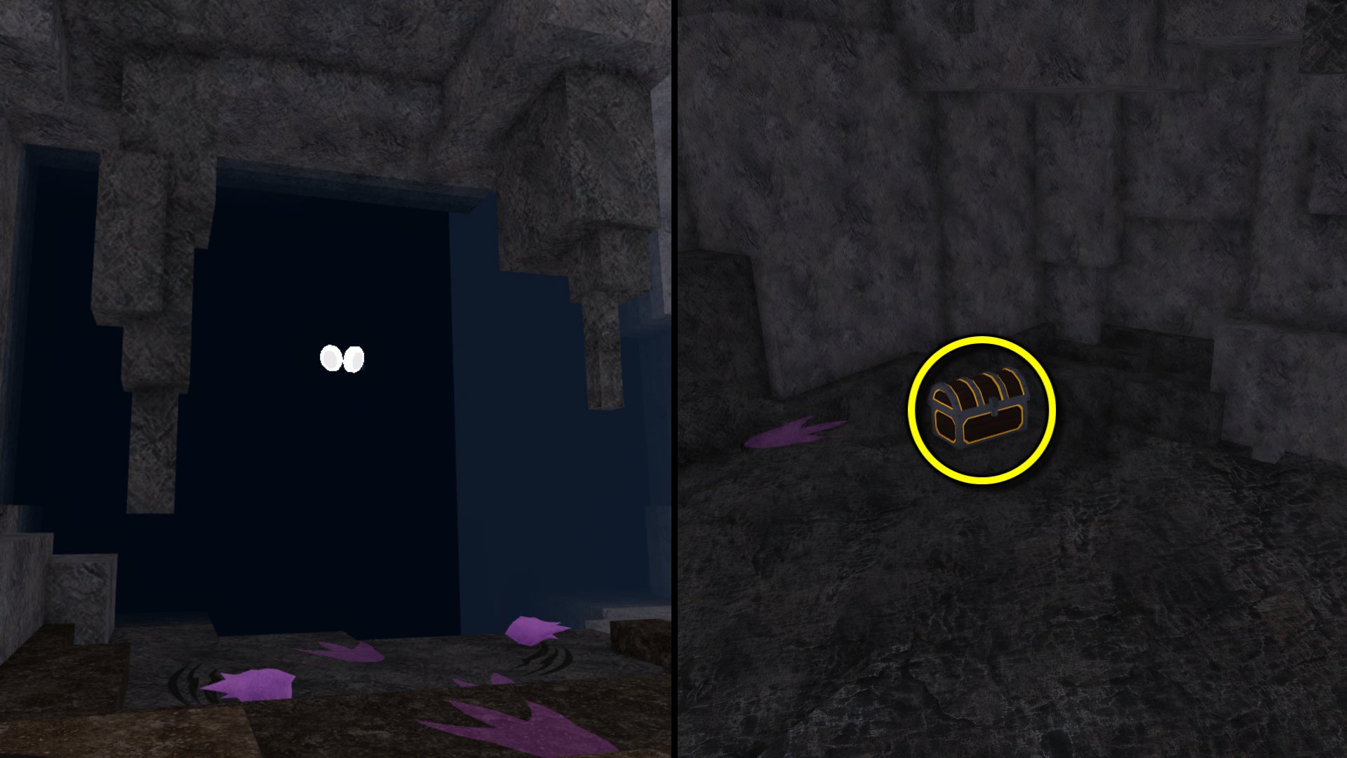 A split image from 99 Nights In The Forest showing creepy eyes in a dark cave and a treasure chest, highlighted by a yellow circle. - 8