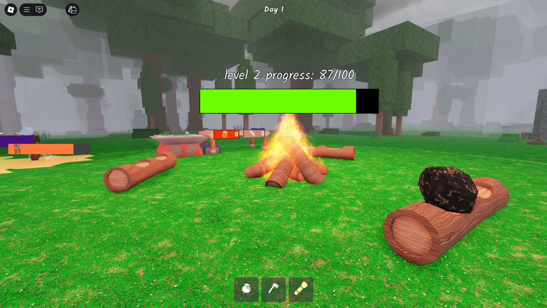 An in-game screenshot from the Roblox game 99 Nights In The Forest, showcasing the campfire and a lump of coal that can be used to fuel it. - 3