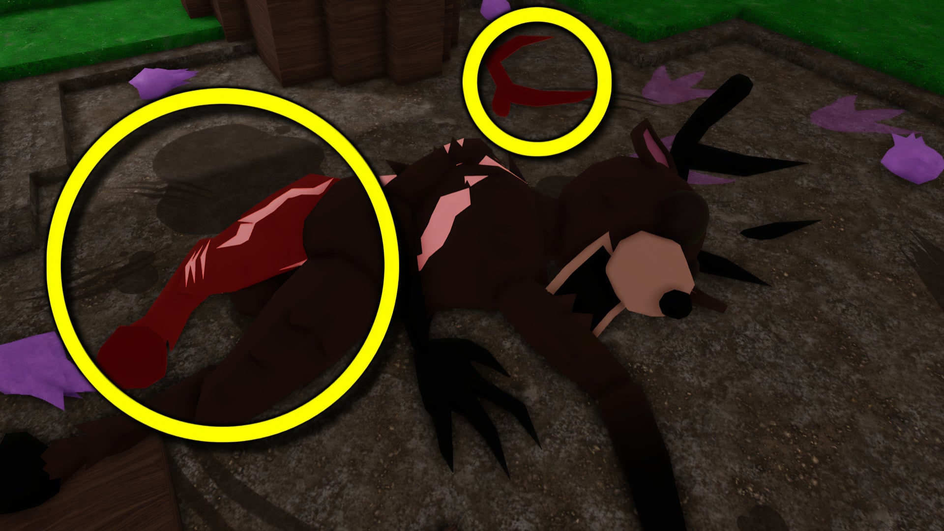 An in-game screenshot from Roblox's 99 Nights In The Forest, highlighting the deer's leg and broken antler, which must bandaged to revive the deer during the event where he appears wounded in the woods. - 3