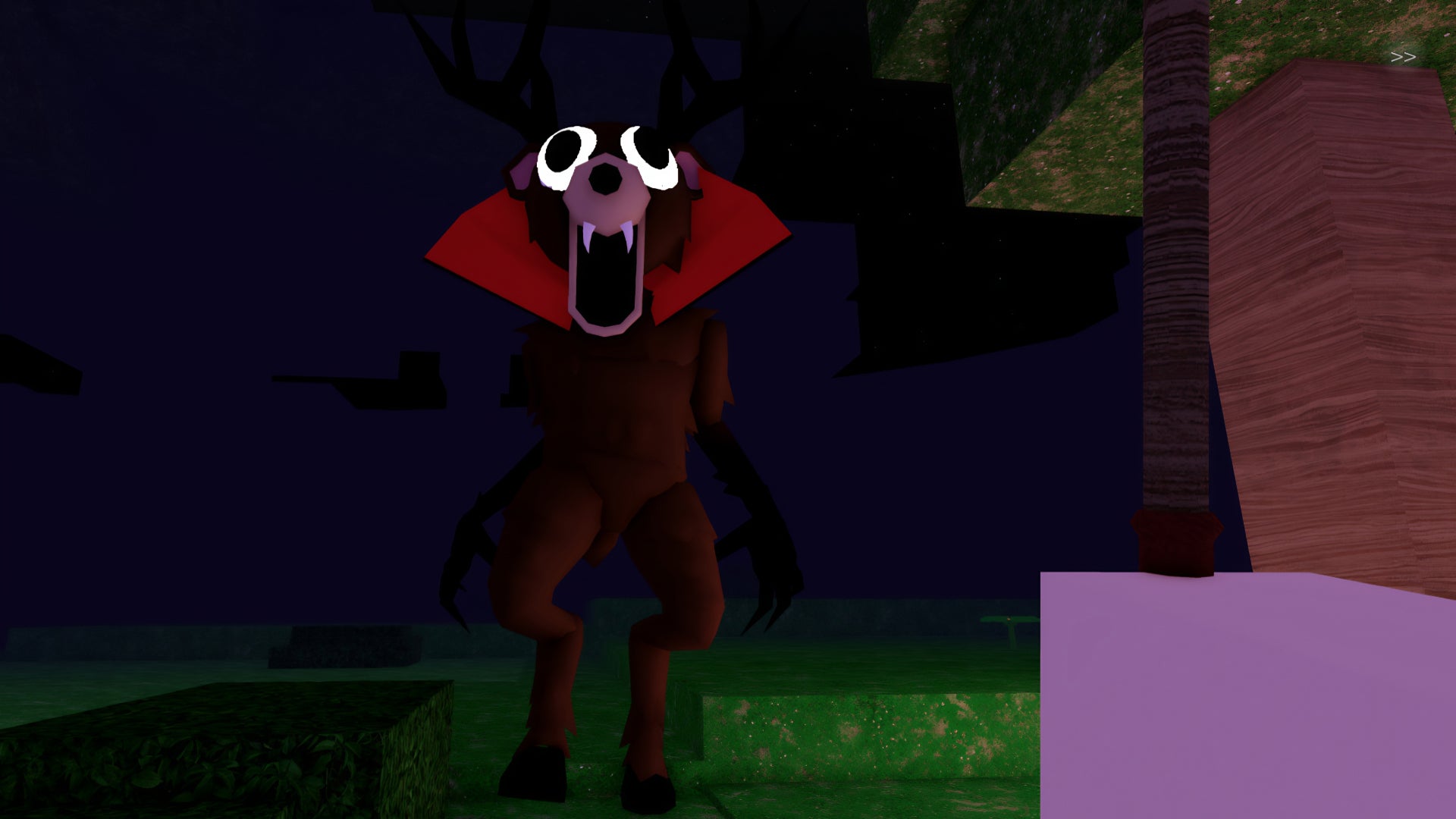 An in-game screenshot of the main antagonist of the Roblox game 99 Nights In The Forest, The Deer. - 8