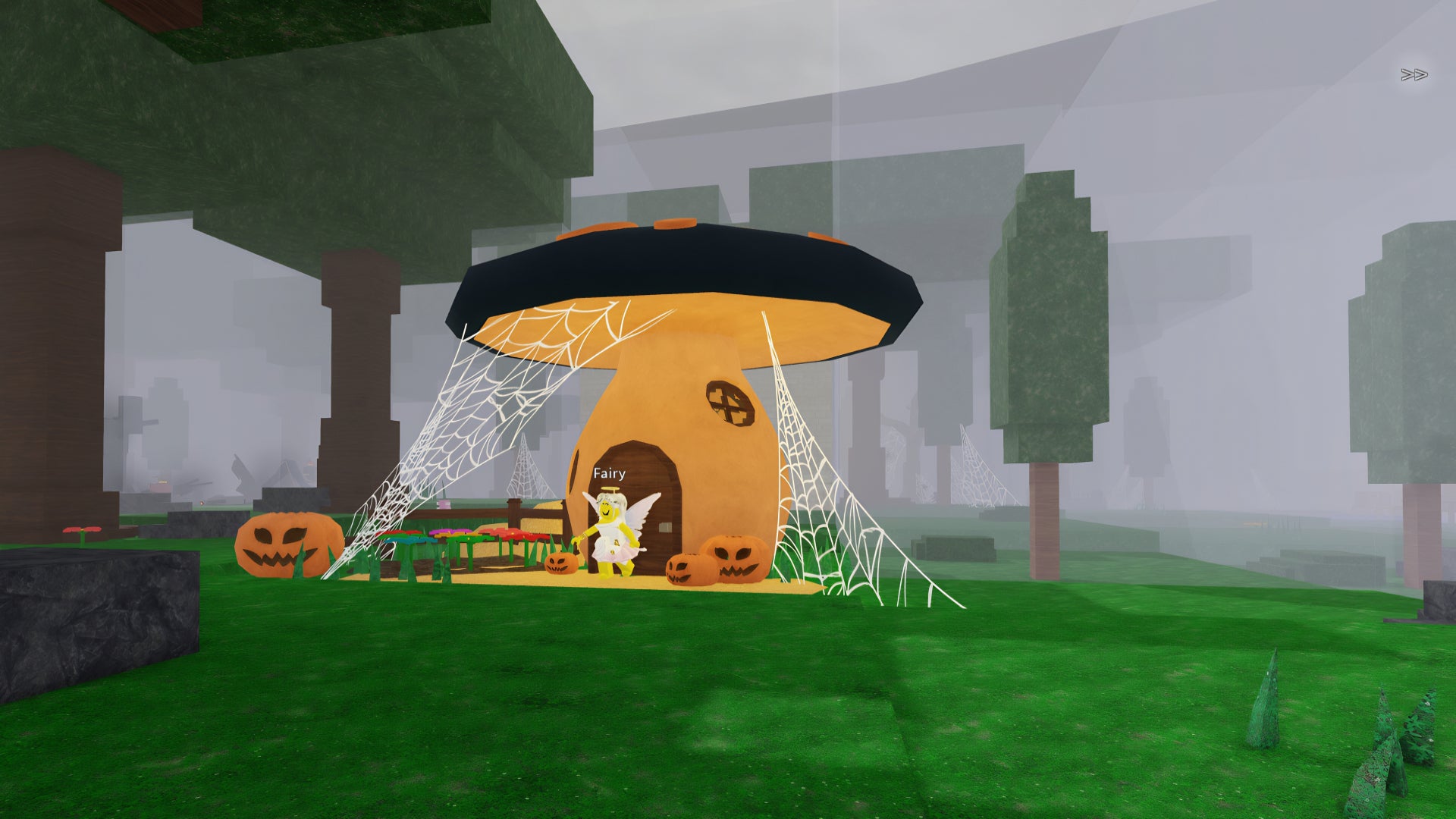 An in-game screenshot from the Roblox game 99 Nights In The Forest, showing the home of The Fairy NPC trader. - 11